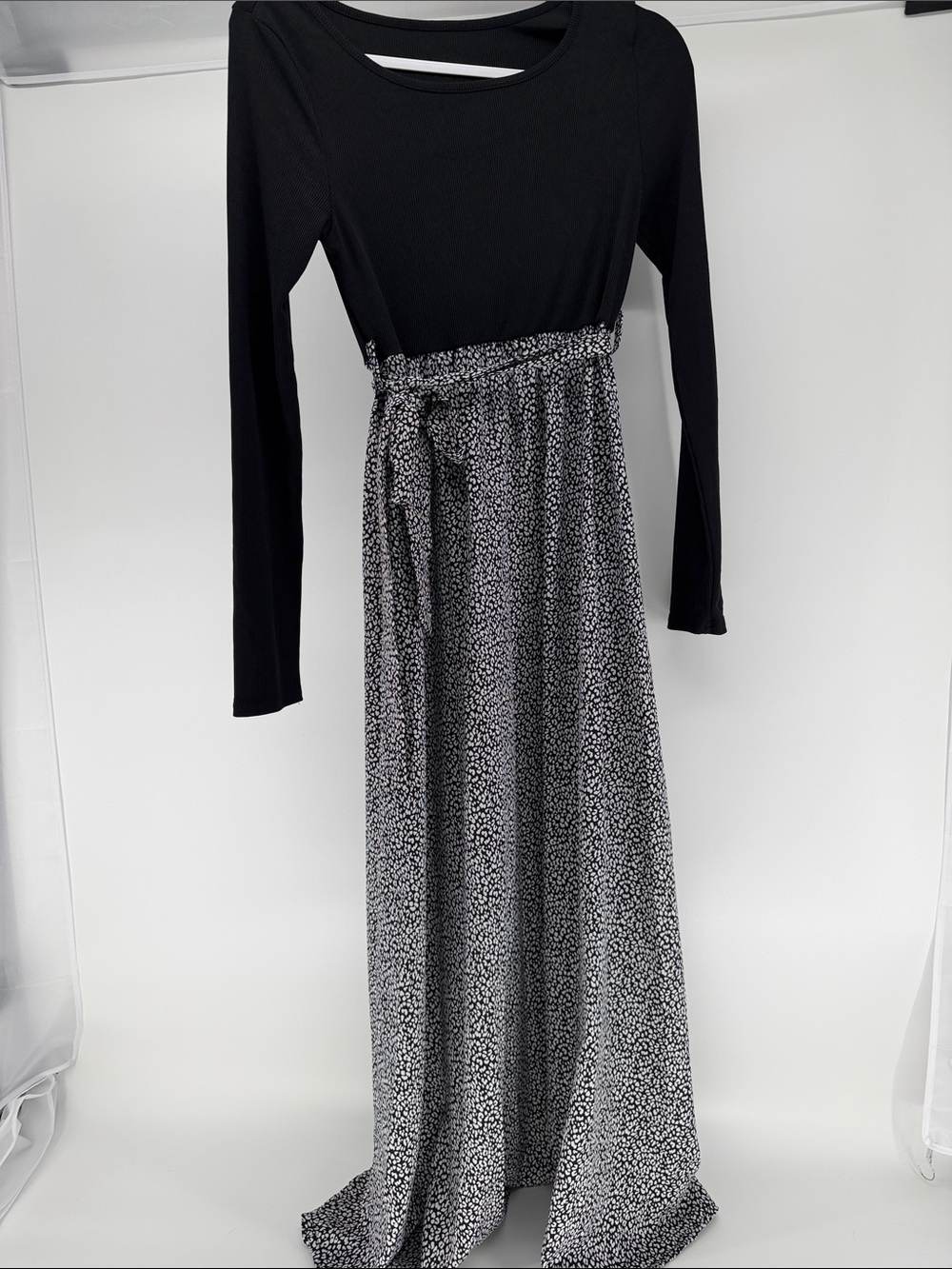 SHEIN Black Long Sleeve Maxi Dress with Black & White Patterned Skirt